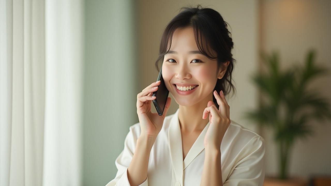 편안하게 전화 상담하는 중년 여성