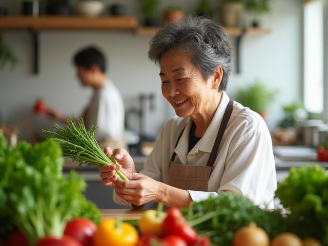 밝고 깨끗한 주방에서 즐겁게 요리하는 중장년 참가자들