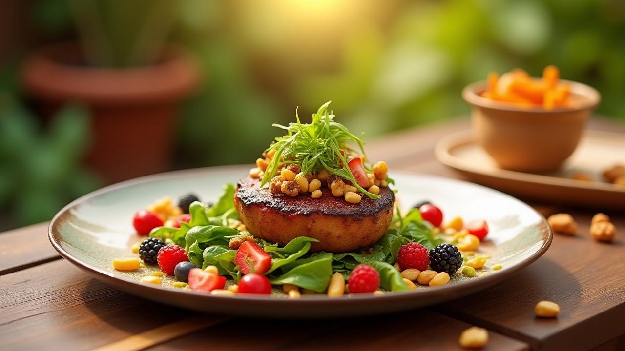 아름답게 플레이팅된 건강식 요리와 신선한 재료들이 놓인 소박한 나무 테이블